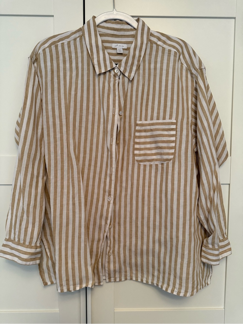 J. Jill Beige and White Linen Stripe Button-Down Shirt, 1X